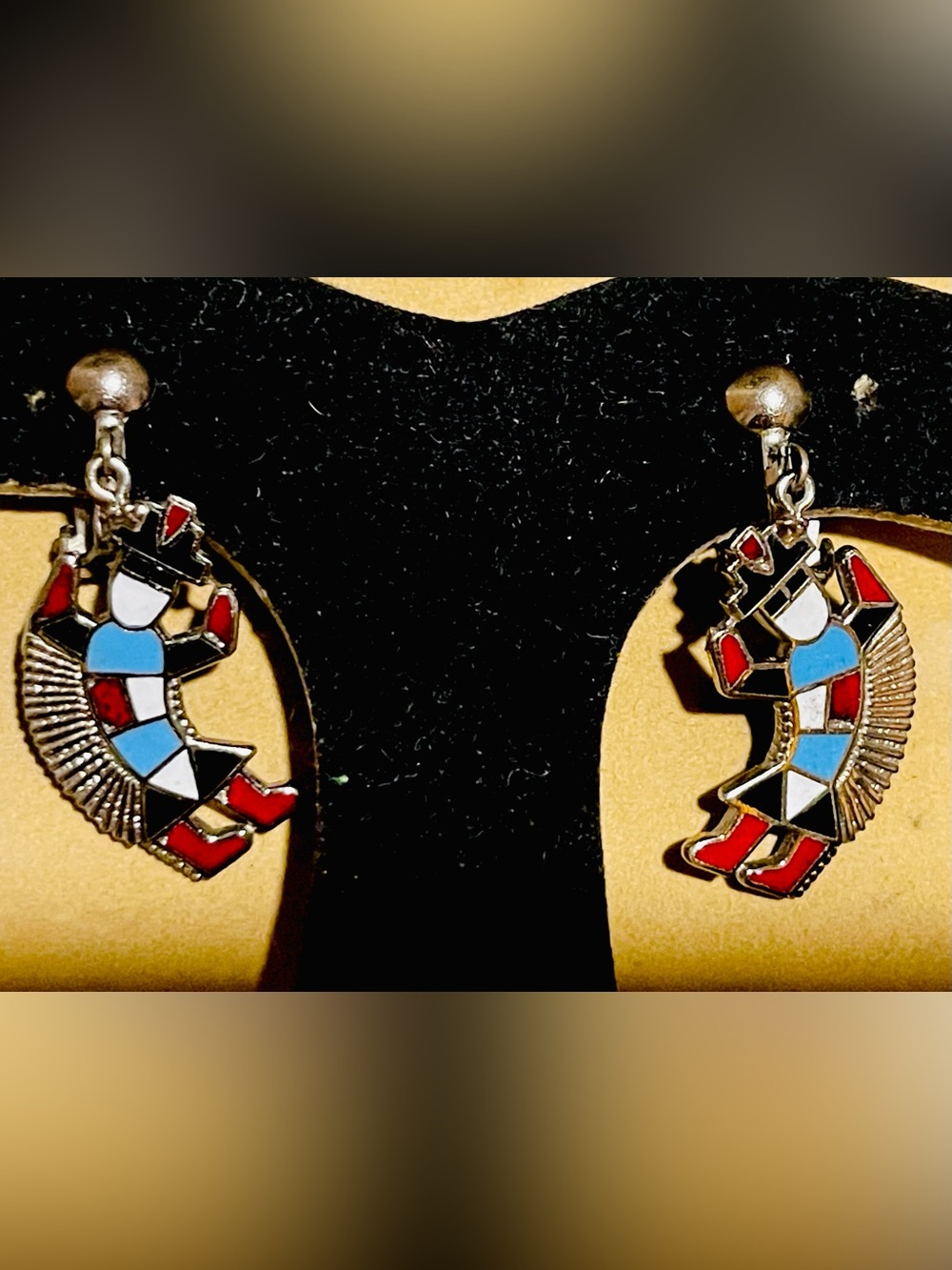 Vintage 70s/80s Southwestern Enamel Rainbow Man Clip-On Earrings Silver-Tone